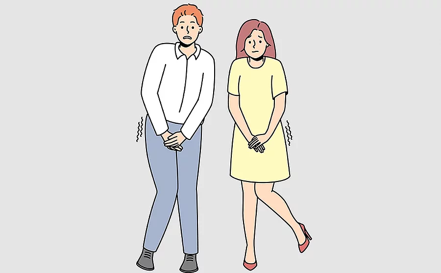 Karikatur von zwei Menschen, die sich die Blase halten