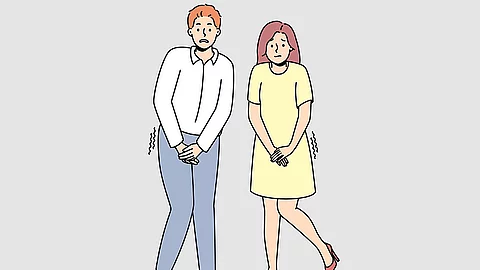 Karikatur von zwei Menschen, die sich die Blase halten