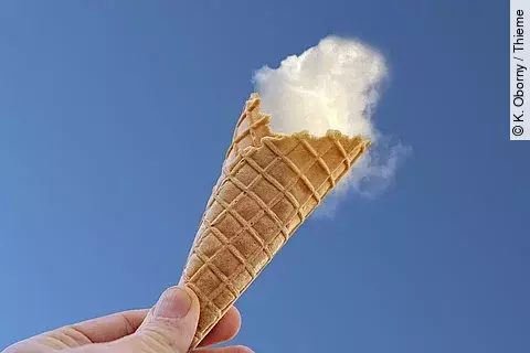 Eiswaffel vor dem blauen Himmel und eine Wolke als "Eiskugel".