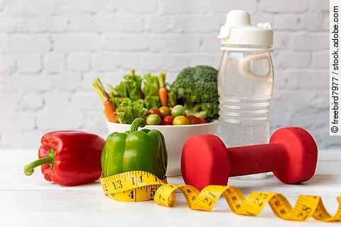 Gesunde Nahrungsmittel, Maßband und eine Flache Wasser.