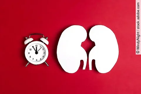 Weiße Nierenfigur rechts neben einem weißen Wecker auf dunkelrotem Hintergrund.