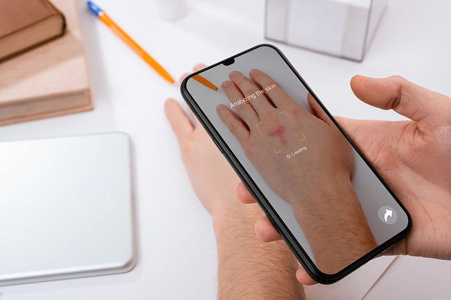 Die Haut einer Hand wird mit einer Smartphone-App untersucht