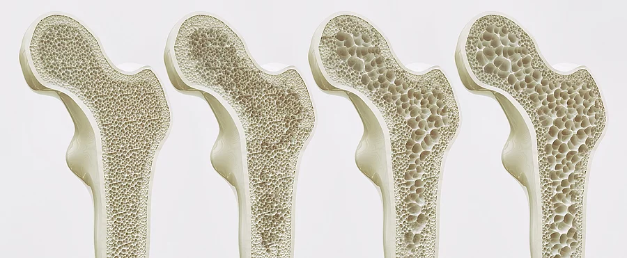 4 Stadien der Osteoporose Illustration: 4 Knochen mit den 4 Stadien der Osteoporose