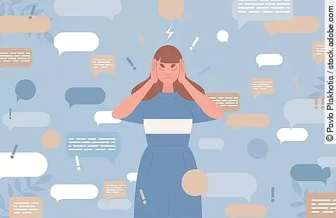 Grafik: Frau bedeckt ihre Ohren mit ihren Händen um die Flut an Nachricht abzuwehren.