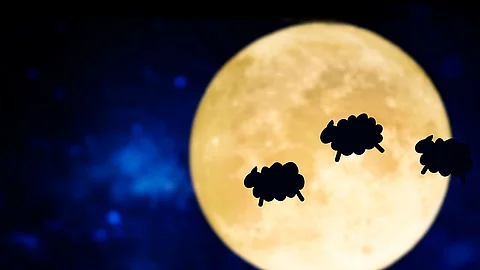 Counting sheep silhouette over a full moon Illustration: Schäfchen vor Mond und Nachthimmel