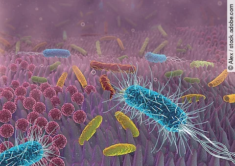 Darstellung der Darmflora: Verschiedene Bakterien auf der Schleimhaut. 