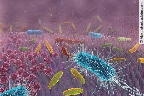 Illustration: Darmmikrobiom, verschiedenförmige Bakterien in bunten Farben