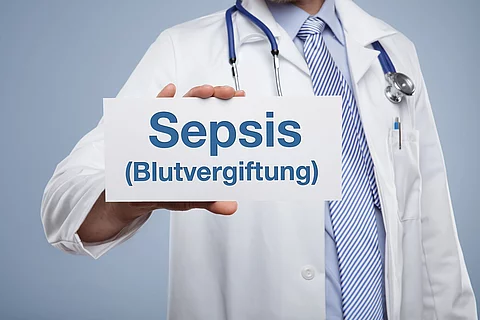 Ein Arzt hält ein Schild in der Hand auf dem Sepsis (Blutvergiftung) steht. 