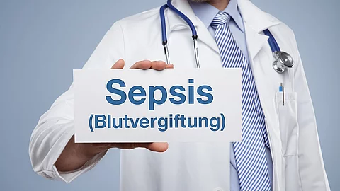 Ein Arzt hält ein Schild in der Hand auf dem Sepsis (Blutvergiftung) steht. 