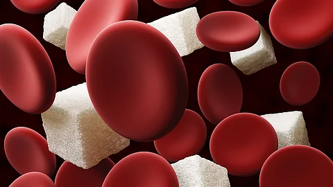 Illustration Blutzellen mit Zuckerwürfeln für Blutzuckerspiegel