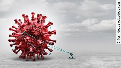 Illustration Long Covid, Post Covid, Mann zieht riesiges Coronavirus hinter sich her 