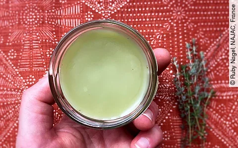 Selbstgemachte Salbe aus Thymian in einem Tiegel