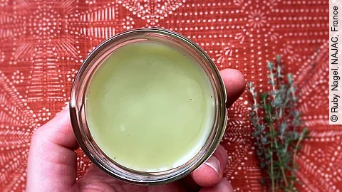 Selbstgemachte Salbe aus Thymian in einem Tiegel