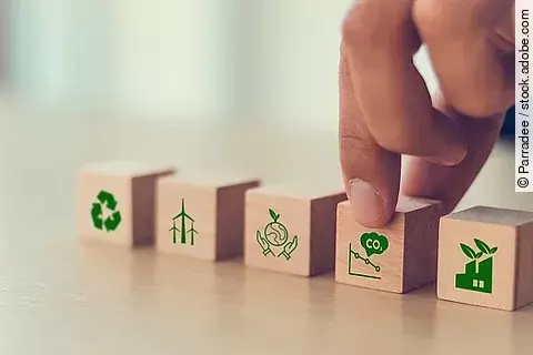 Holzwürfel mit Symbolen, die zum Klimawandel passen (CO2, Flugzeug, etc.)