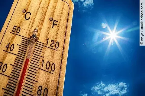 Thermometer mit Himmel und Sonne im Hintergrund.