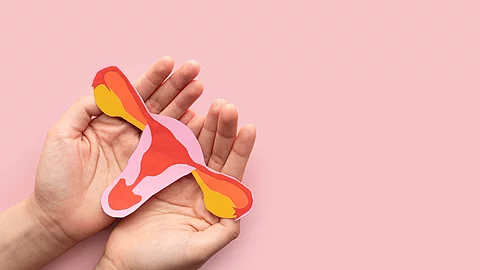 Uterus in Papierform in zwei Händen vor rosafarbenem Hintergrund.