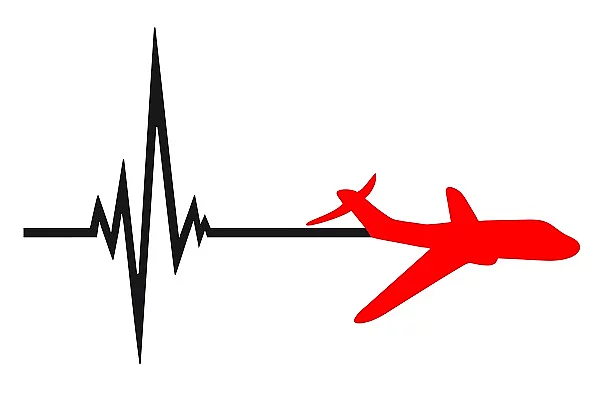 logo puls frequenz herzschlag linienflugzeug flugzeug fliegen pi Symbolbild Herznotfall, EKG-Kurve und Flugzeug