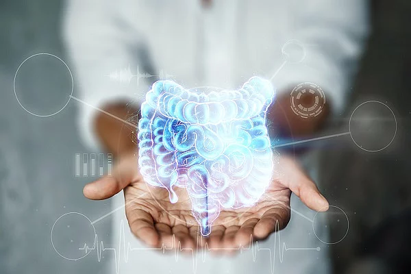 Ein Doktor hält einen holographischen Darm in den Händen.