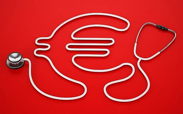 Stethoscope cord forming shape of Euro symbol. 3D illustration Symbolbild Kommerz und Gesundheit; Stethoskop und Eurozeichen auf rotem Untergrund