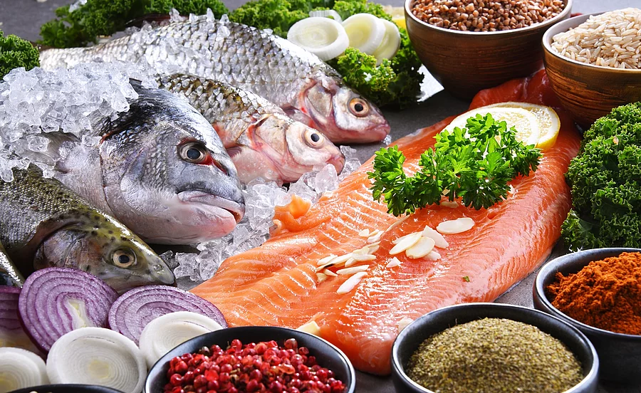 Verschiedene Fischsorten, Gewürze und Gemüse in Nahaufnahme