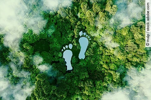 Vogelperspektive auf zwei Seen in Form von Fußabdrücken in einem Wald.