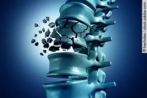 Illustration: Eine Wirbelsäule mit gesunden Wirbeln, dazwischen ein Wirbel, der zerfällt.