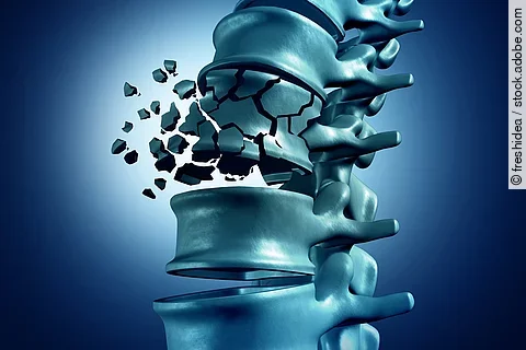 Illustration: Eine Wirbelsäule mit gesunden Wirbeln, dazwischen ein Wirbel, der zerfällt.