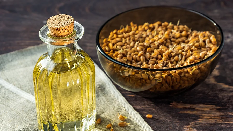 Schale mit Weizenkeimlingen, Flasche mit Weizenkeimöl