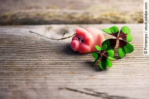 Glücksschwein und vierblättrige Kleeblätter auf Holz