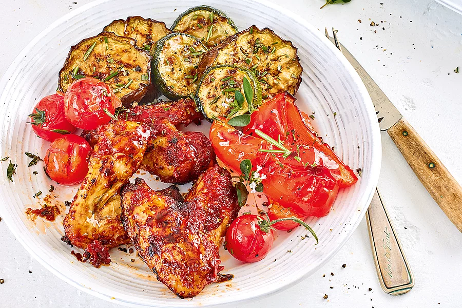 Chicken Wings und Gemüse vom Grill