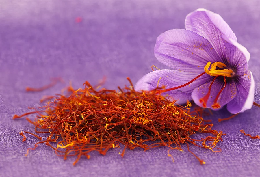 Dried saffron spice and Saffron flower Violette Krokosblütte und Safranpulver arrangiert auf violettem Hintergrun