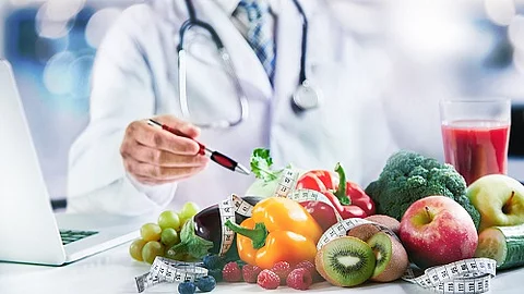 Modern doctor or pharmacy agent contact for healthy food and diet