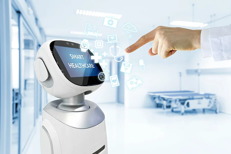 Robotic advisor service technology in healthcare smart hospital , artificial intelligence concept. Doctor finger point to robot and icons.Blue tone image. fahrender Klinikroboter mit Touchscreen