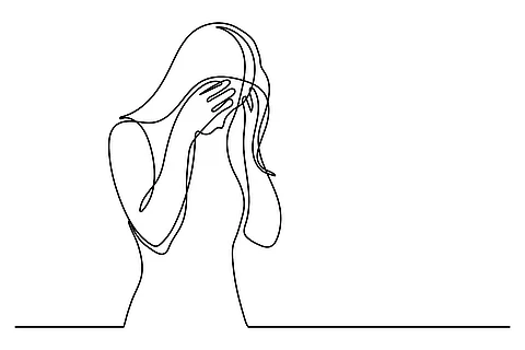 Strichzeichnung einer Frau mit gesenktem Kopf, das Gesicht in den Händen