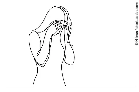 Strichzeichnung einer Frau mit gesenktem Kopf, das Gesicht in den Händen