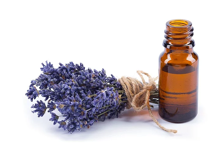 Lavender oil and flowers isolated on white background Lavendel, Blüte, Lavendelöl, Braunflasche