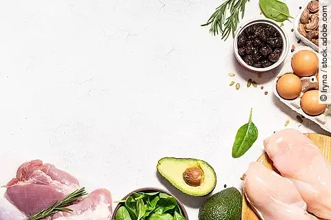 ketogene Ernährung: Hühnerfleisch, Fisch, Eier, Olivenwenig 