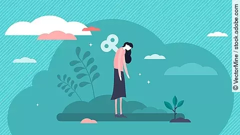 Illustration: Müde Frau mit hängenden Schultern in einer Landschaft