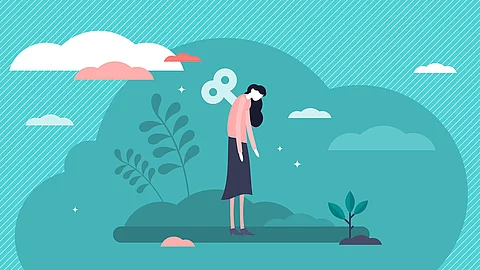 Illustration: Müde Frau mit hängenden Schultern in einer Landschaft