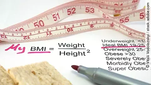 Auf einem Schreibtisch liegen ein Maßband, ein Zettel mit der Formel für den BMI und ein lila Filzstift. 