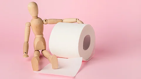 Toilettenpapierrolle mit Holzfigur daneben sitzend