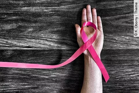 Hand mit rosa Brustkrebsschleife