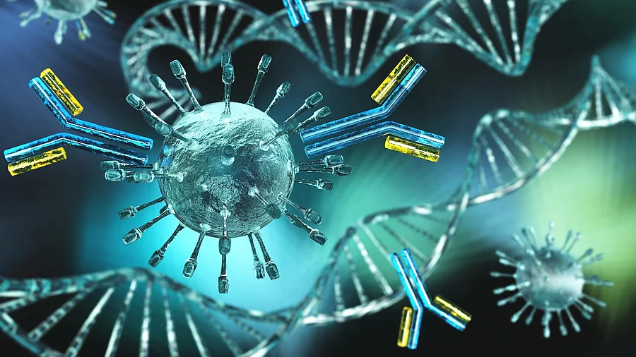 Illustration: Antikörper, Viren und DNA-Stränge 