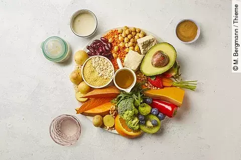 Teller mit pflanzlichen Nahrungsmitteln