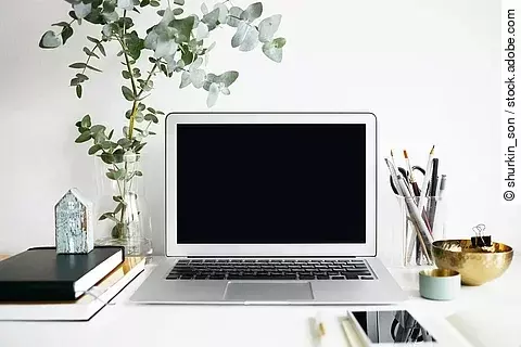 Arbeitsplatz mit Laptop, Grünpflanze, Stiftebehälter; minimalistische nordische Gestaltung