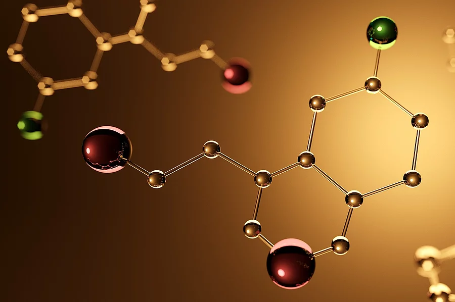 3D Illustration: farbiges Kalottenmodell von Serotonin