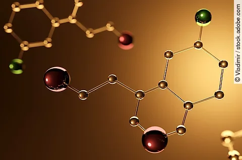 3D Illustration: farbiges Kalottenmodell von Serotonin