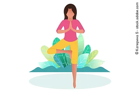 Comic einer Frau in Yoga Pose vor Blättern in bunten Farben