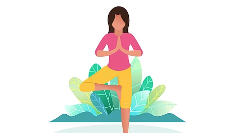 Comic einer Frau in Yoga Pose vor Blättern in bunten Farben