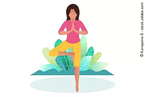 Comic einer Frau in Yoga Pose vor Blättern in bunten Farben